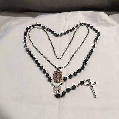 Vntg Lot Of 2 CHAPEL STERLING SILVER Black Onyx Rosary Crucifix Beads & Neckless • $26