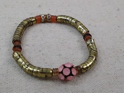 Vintage Gold Tone Beaded Stretch Bracelet With Pink Rhinestone Cluster - 3  • $9