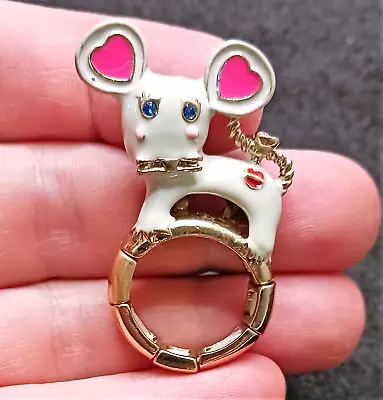 Bold HEART White MOUSE Ears COCKTAIL Rhinestone Adjustable RING Betsey Johnson • $11.94