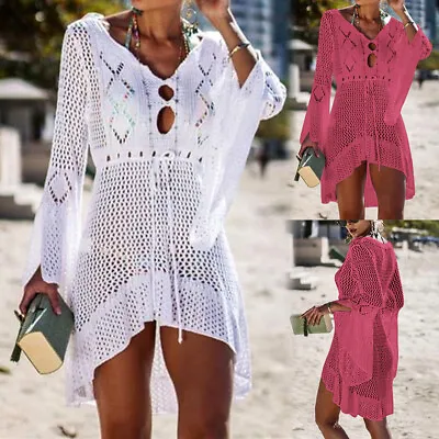 £14.19 • Buy Women Sexy Bikini Cover Hollow Knitting Long Sleeve Dress Beach Summer Swim