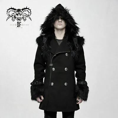 Devil Fashion Black Men Gothic Punk Winter Hooded Coat With Detachable Accessory • $189.75