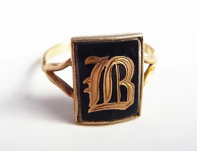 Victorian? 9ct Gold Mourning Ring Nathan Brothers Size N.5 Enamel Monogram LB • $149.20