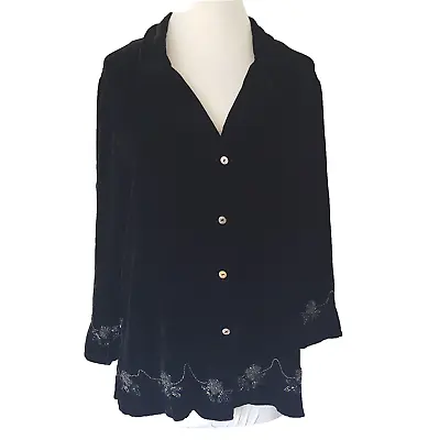 Citron Santa Monica Black Velvet Blouse Top S Beaded Floral Rayon/Silk Jacket • £30.41