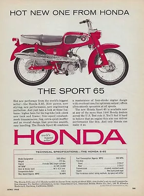 1965 Honda Motorcycle Ad Sport 65 Vintage Magazine Advertisement S-65 65cc Red • $5