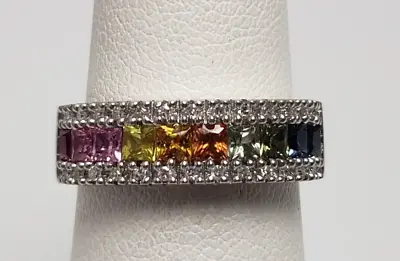 EFFY Watercolors 14k White Gold Multi Color Sapphire Diamond Ring Size • $695