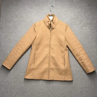 J Crew Coat Womens Size 4 Tan Wool Blend Full Zip Jacket Mock Neck Lined Casual • $35.21