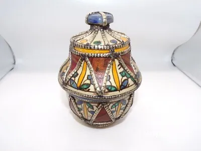 £102.27 • Buy Vintage Moroccan Moorish Vase Ceramic Leather With Silver Filigree 5 1/2  Tall