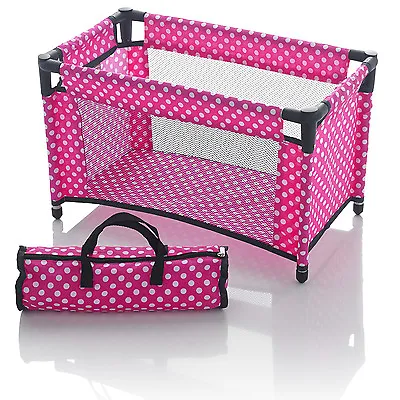 Molly Dolly Dolls Toy Travel Cot Bed Crib & Bedding With Storage Bag Pink Polka • £15.99