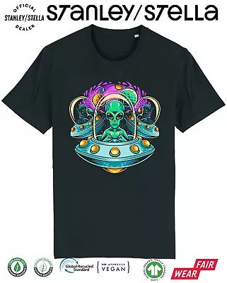 Mens Alien Flying Saucers T-Shirt Funny UFO Invasion Organic Cotton Aliens Ship • £8.99