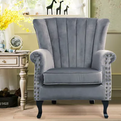 Shell Back Armchair Grey Velvet Queen Anne Sofa Padded Seat Cuddle Chair Bedroom • £169.95