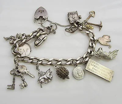 Vintage Sterling Silver English Check Bible Movable 13 Charm 42.6 Gram Bracelet • $699