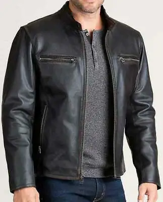 Men's Black Real Leather Jacket Cafe Racer Distressed Biker Motor • $100.99