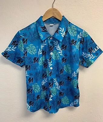 Miami Marlins Boy's Floral Button Up Shirt Size Large Youth Blue MLB EUC • $9.95