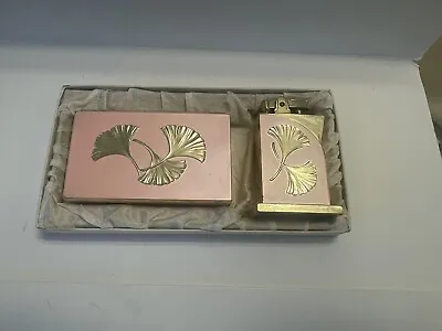 Pink  Enamel Cigarette Box  And  Matching Lighter / Gingo Leaf  Design  Vintage • $295