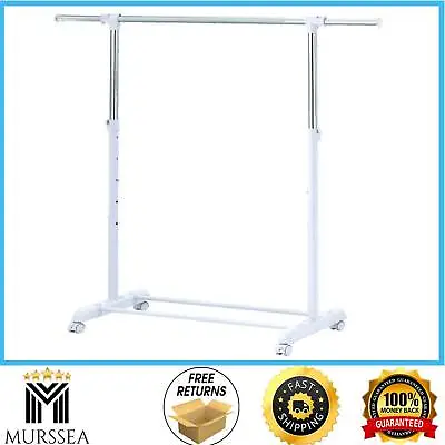 Adjustable Clothing Rolling Garment Clothes Rack Heavy Duty Metal Chrome White • $13.75