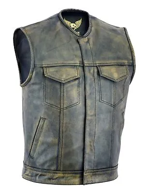 Men SOA Anarchy Distress Brown Motorcycle Biker Leather Vest With Gun Pockets • $54.99