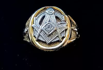 14k Two Tone Gold Masonic Ring .12ct Diamond Accent Size 9.25 Great Details • $1139.89