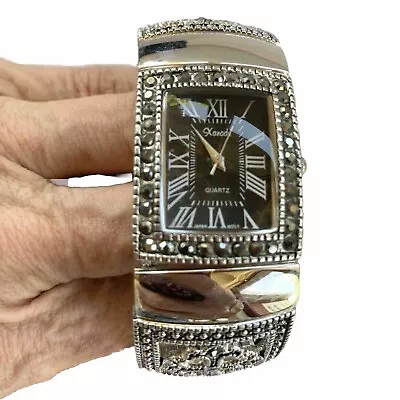 Xanadu Quartz Chunky Silver Tone Marcasite Wrist Watch Hinged Bracelet 7” X 1” • $29.99