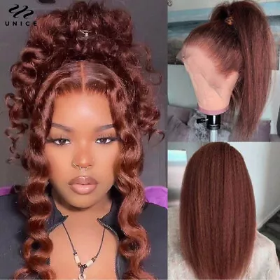 UNice Reddish Brown Kinky Yaki Straight 13x4Lace Front Human Hair Wigs For Women • $120.27