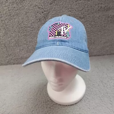 MTV Hat Cap Pink Embroidered Checkerboard Music Television Blue Denim Adjustable • $14.07