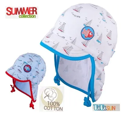 100% Cotton TIE UP SUN Hat Summer BABY BOYS Infant KIDS 6-12 Months Neck Protect • £5.90