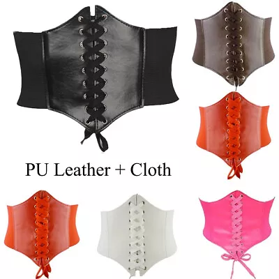 Ladies Leather Waist Belt Cincher Corset Wide Band Elastic Tied Waspie One Size • £4.29