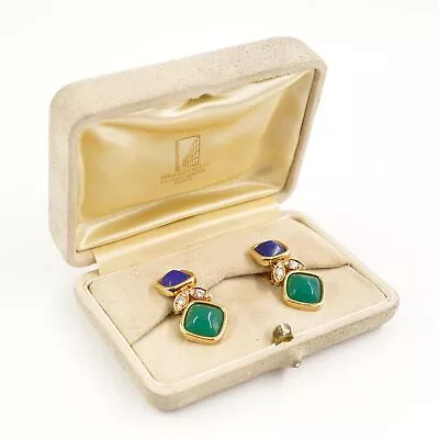18K Gold Vintage Van Cleef & Arpels Lapis Lazuli Chrysoprase & Diamond Earrings • $7499.99