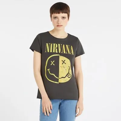 Amplified Nirvana T-Shirt Spliced Smiley Womens Print Loose Fit Cotton Tee Top • £16.77