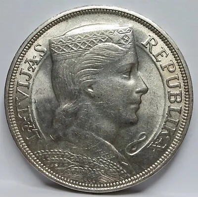 LATVIA Republic Silver 5 Lati 1931 AU/ UNC Baltic States Stars Lion Maiden #F26 • $99