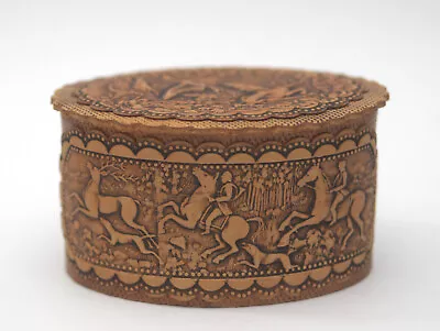 Vintage Russian Birch Bark Fox Hunt Dog Game Bird Scene Trinket Oval Relief Box • $25