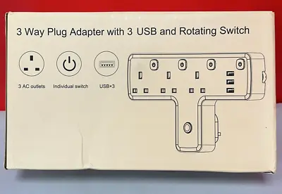 Mscien Plug Adapter 3 Way Extension Plug With 3 USB YP054K3YL3U (WHITE) • £14.99