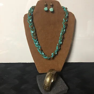 Vintage Couture Turquoise Necklace Earrings Wide Brass Bangle Lot.  G4Q • $16.88