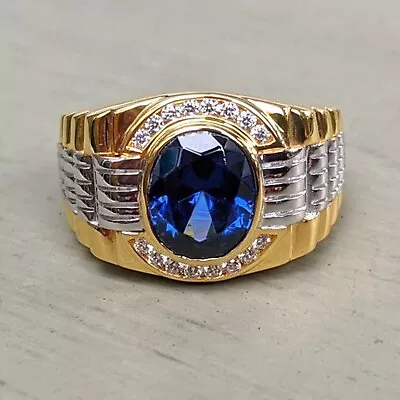 Men's 3Ct Oval Lab Created Blue Sapphire Engagement Ring 14K Yellow Gold Plated • $102.60