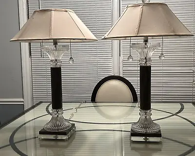 Large Pair Vintage '07 Column Glass Crystal Neoclassical Double Light Table Lamp • $140