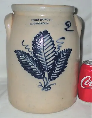 Antique Primitive Country John Burger Rochester Ny Fern Flower Stoneware Crock • $1495