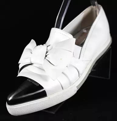 MIU MIU White Leather Bow Vamp Gunmetal Logo Hidden Wedge Pointed Toe Flats 39.5 • $148