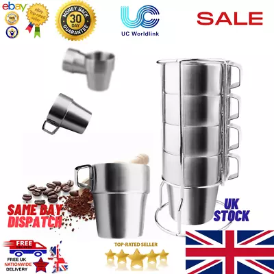 Coffee Cups With Stand RackStainless Steel Stackable Double Insulation Mugs X4. • £14.99