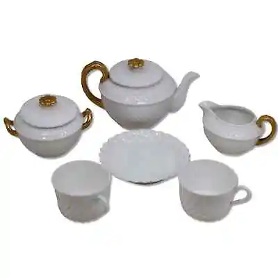6pc A. Lanternier AL Limoges Tea Set Pot Creamer Sugar Bowl 2 Cups Circa 1900 • $60.72