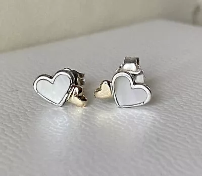 Genuine Pandora Silver And Gold Mother Of Pearl Hearts Stud Earrings Rare • £43