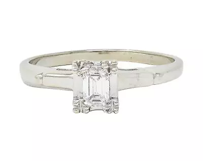 Mid-Century Emerald Cut Diamond Platinum 14K White Gold Vintage Engagement Ring • $1425