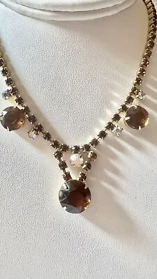 Vintage Brown Amber Colored Rhinestone Necklace J Hook Closure • $20