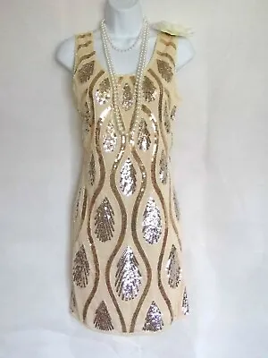 £19.99 • Buy Nude 20's Gatsby Vintage Look Charleston Beaded Sequin Flapper Dress Size 10/12