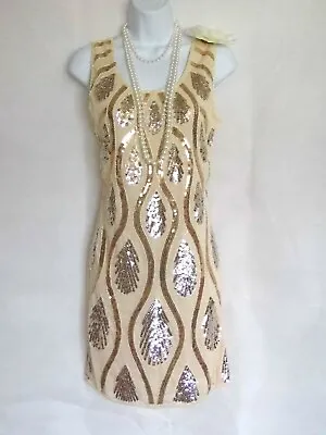 Nude 20's Gatsby Vintage Look Charleston Beaded Sequin Flapper Dress Size 10/12 • £17.99