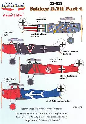 Lifelike Decals 1/32 FOKKER D.VII German WWI Fighter Part 4 • $14.99