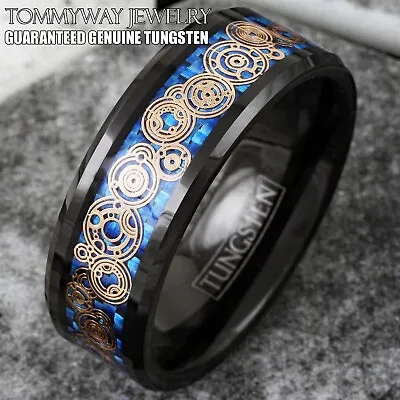 Black Tungsten Blue Carbon Fiber Rose Gold Plated Clockwork Gears Band Ring • $14.99