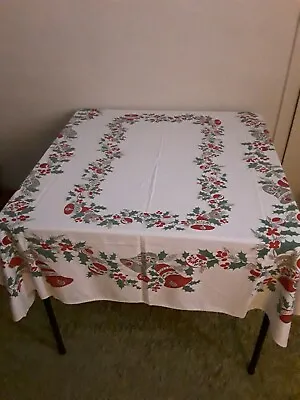 $15 • Buy Vintage Cotton 58  X 53  Bells, Ornaments, Holly Christmas Tablecloth
