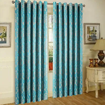 Pair Of Jacquard Curtains Fully Lined Eyelet Ring Top Decorative Bedroom Curtain • £10.99