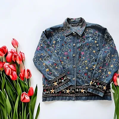 Life Styles Heavily Embroidered Floral Denim Jacket Boho Festival Vtg Sz Large • $21.99