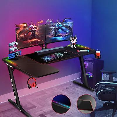Z Shaped Gaming Desk Computer Office Racer Table RGB LED Carbon Fiber 140CM • $209.95
