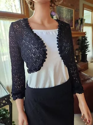 Express Black Shrug Open Front Bolero Cropped Crochet Cardigan Velvet Trim Sz S • $16